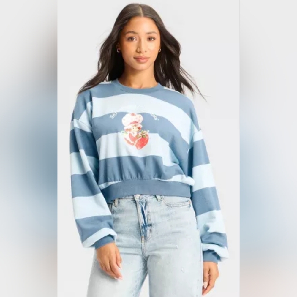 Strawberry Shortcake Cropped Fleece Graphic Sweatshirt -Striped Light Blue - Picture 4 of 12